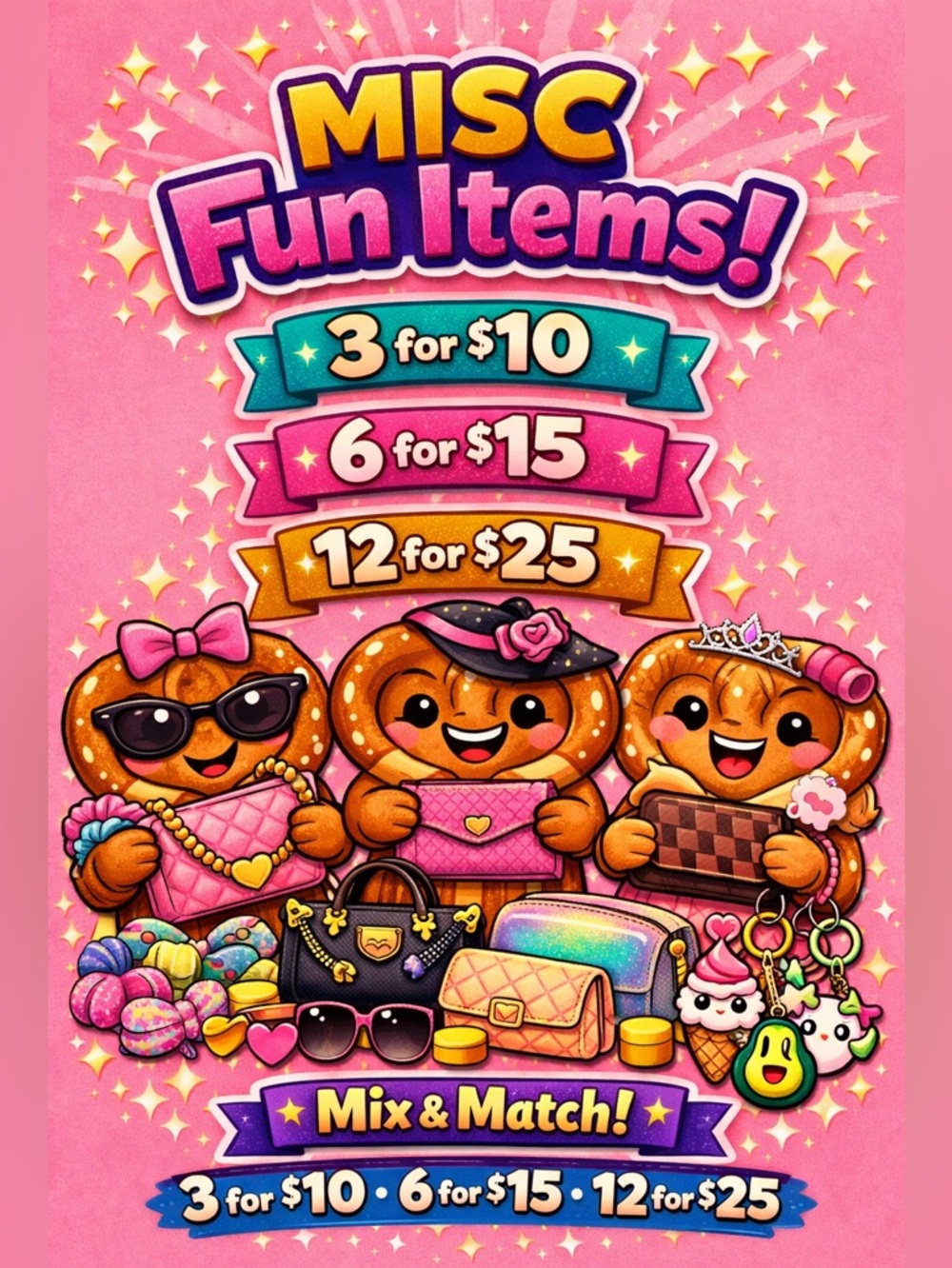 Beauty, Hair Accessories, Cosmetic Bags, Pens, Key Chains & More! 🥨